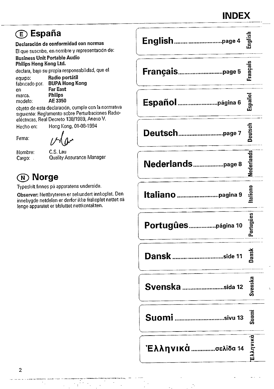 Index d) españa, Ñ) norge | Philips AE3350 User Manual | Page 2 / 8