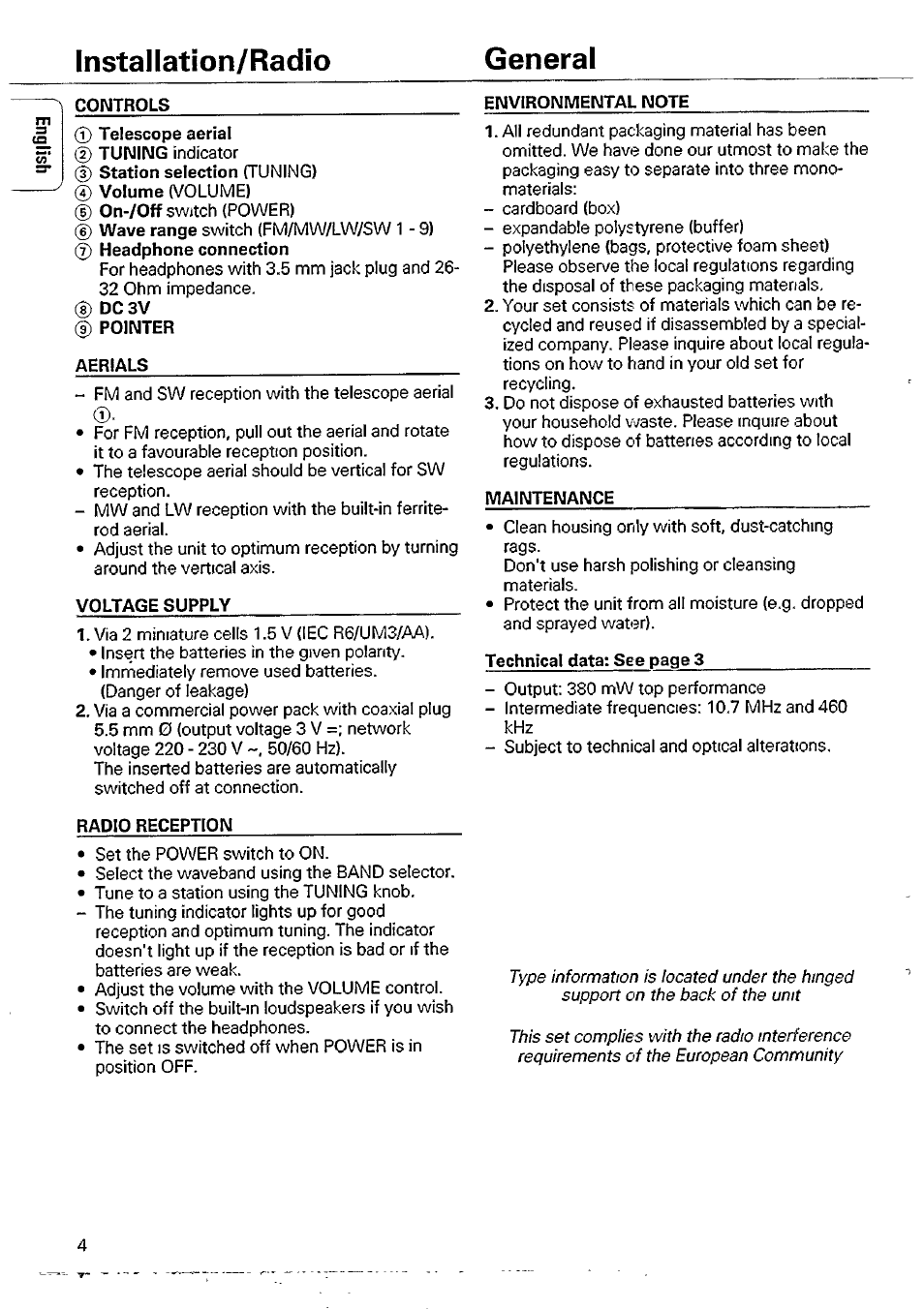 Installation/radio general | Philips AE3350 User Manual | Page 4 / 8