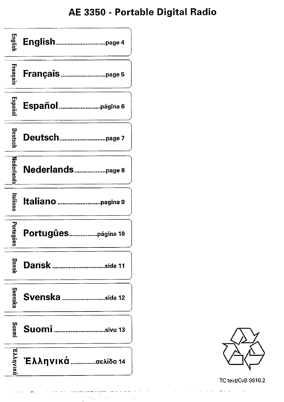 I deutsch, Ae 3350 - portable digital radio, Français | Espahol, I nederlands...............pages, Italiano, Portugües, Darisk, Svenska.................. sida, Suomi | Philips AE3350 User Manual | Page 8 / 8