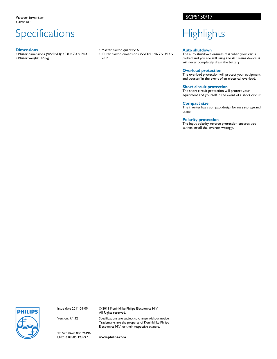 Specifications, Highlights | Philips SCP5150 User Manual | Page 2 / 2