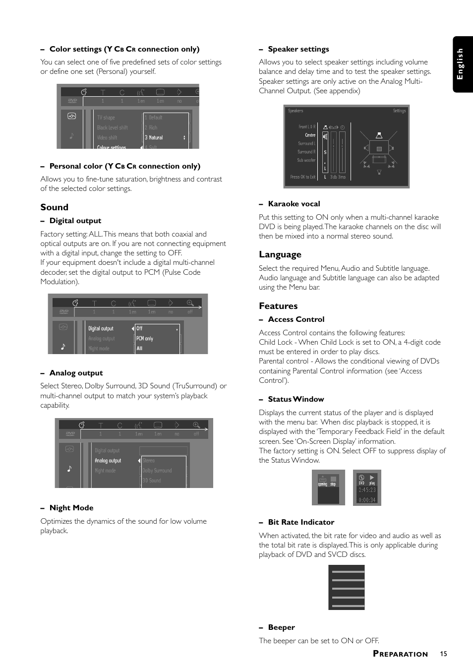 Sound, Language, Features | Philips DVD941 User Manual | Page 15 / 25