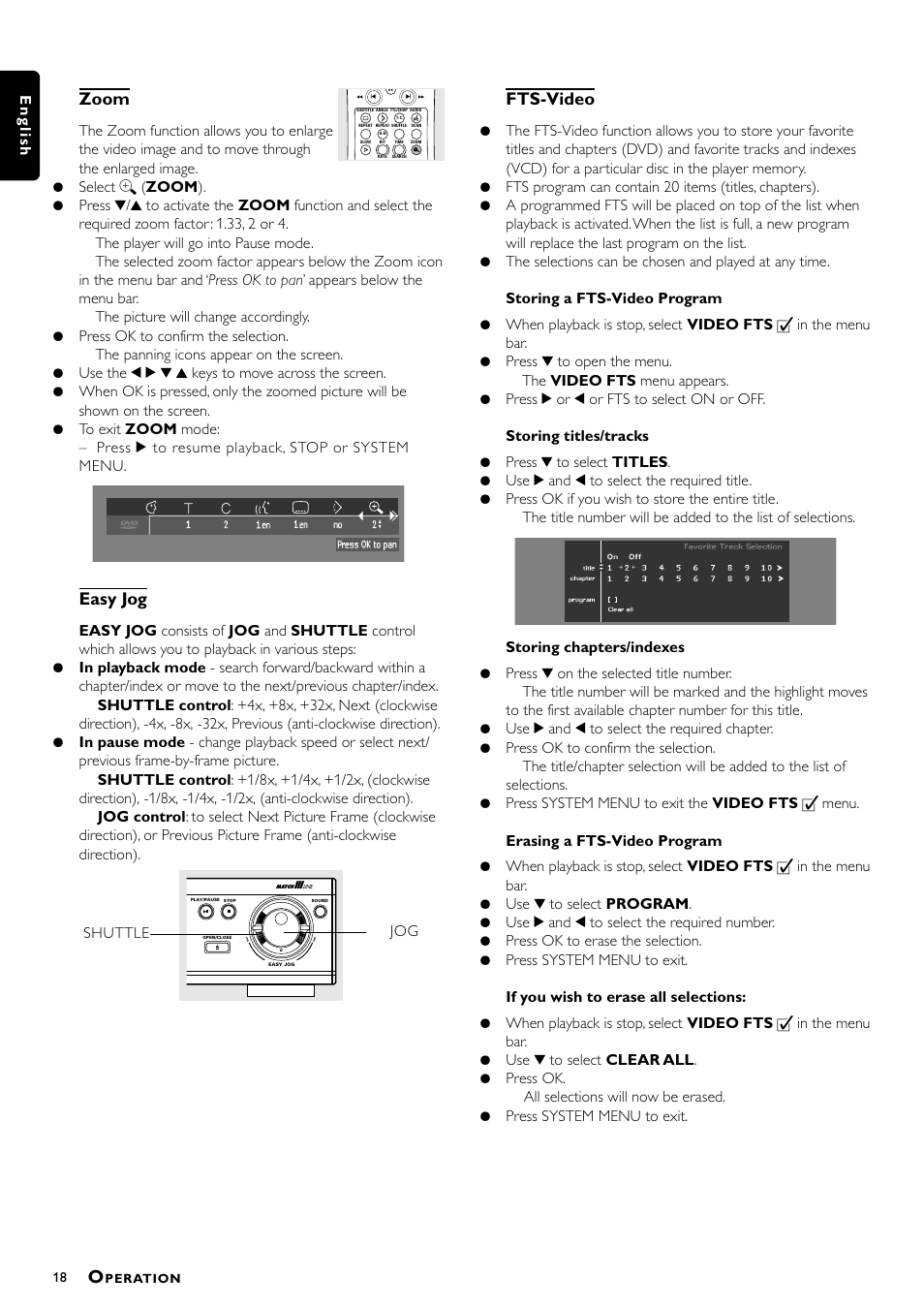 Zoom, Easy jog, Fts-video | Philips DVD941 User Manual | Page 18 / 25