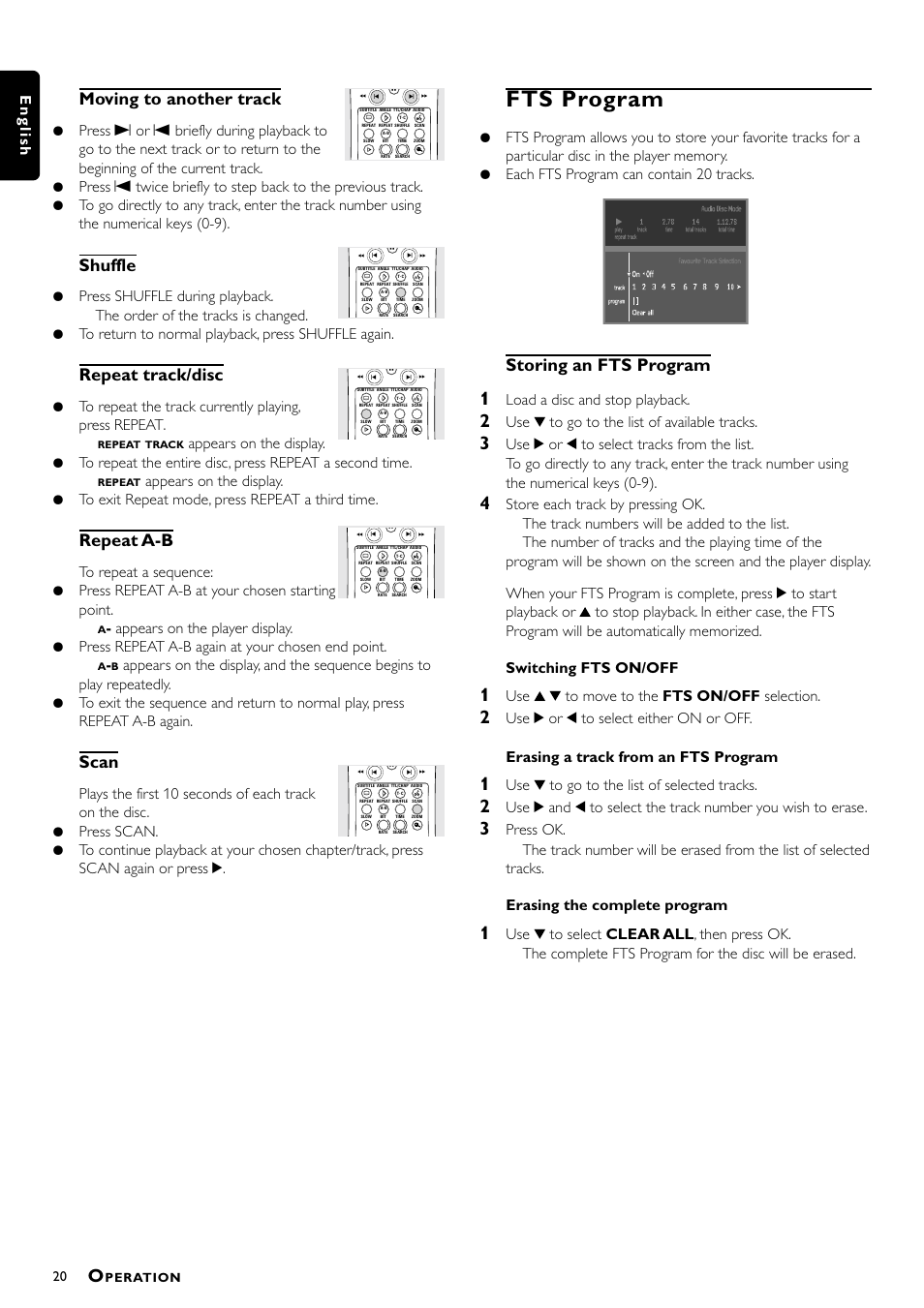 Fts program, Moving to another track, Shuffle | Repeat track/disc, Repeat a-b, Scan, Storing an fts program, English, Load a disc and stop playback, Use w to go to the list of available tracks | Philips DVD941 User Manual | Page 20 / 25