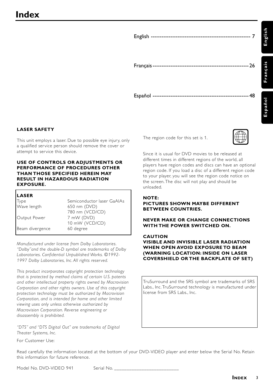 Index | Philips DVD941 User Manual | Page 3 / 25