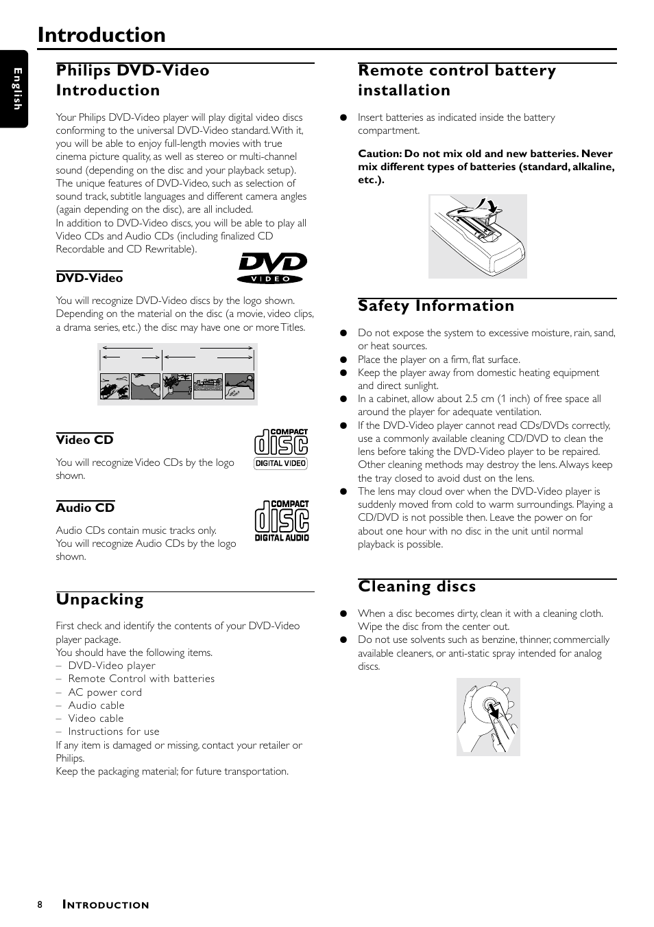 Introduction, Philips dvd-video introduction, Unpacking | Remote control battery installation, Safety information, Cleaning discs | Philips DVD941 User Manual | Page 8 / 25