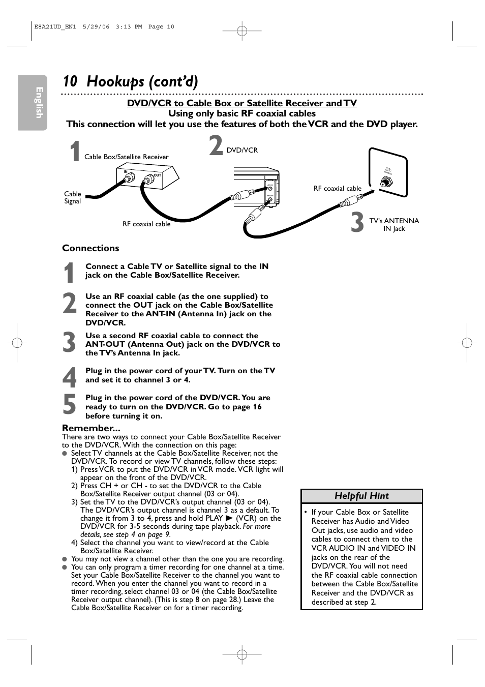 10 hookups (cont’d), English, Connections | Remember, Helpful hint | Philips DVP3200V/37B User Manual | Page 10 / 74