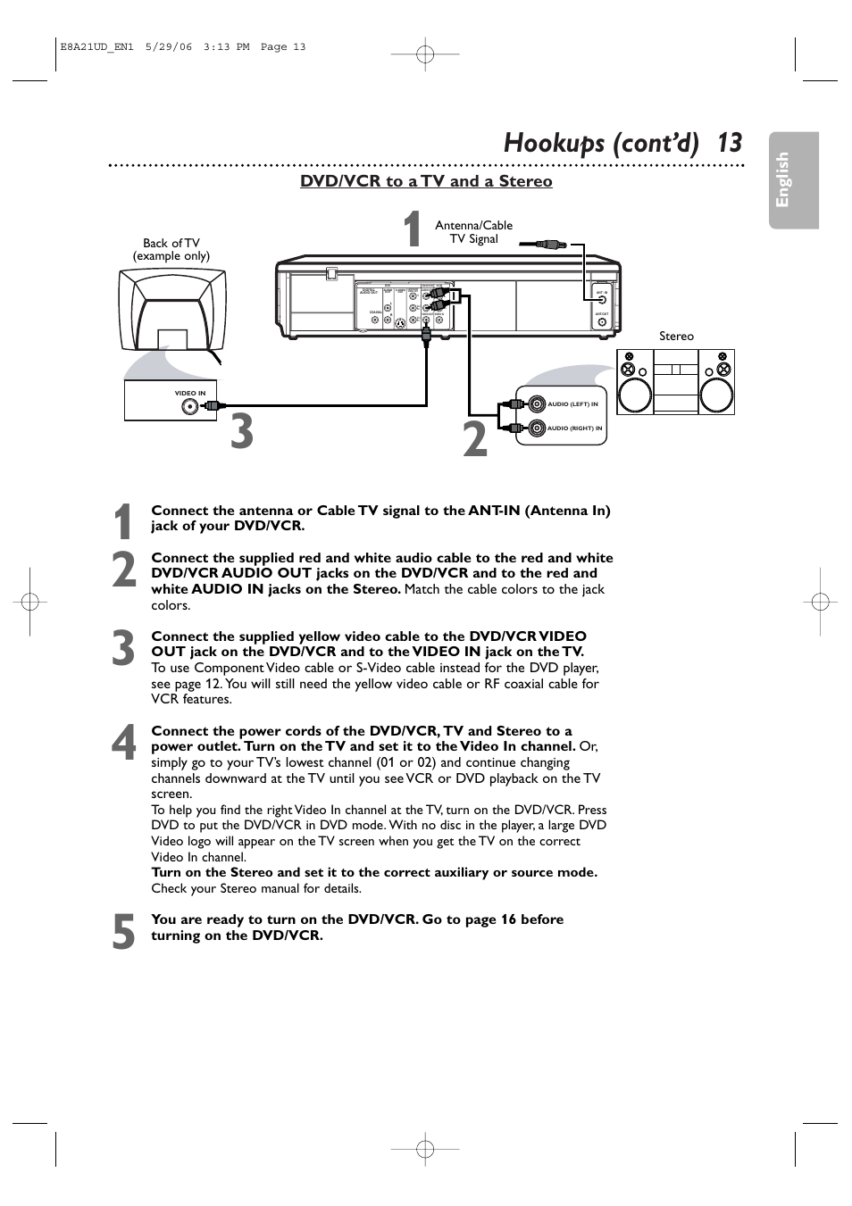 Hookups (cont’d) 13, Dvd/vcr to a tv and a stereo, English | Philips DVP3200V/37B User Manual | Page 13 / 74
