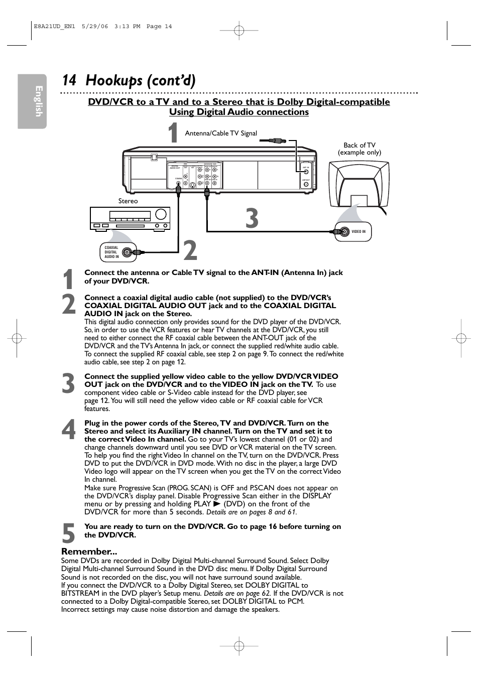 14 hookups (cont’d), English, Remember | Philips DVP3200V/37B User Manual | Page 14 / 74