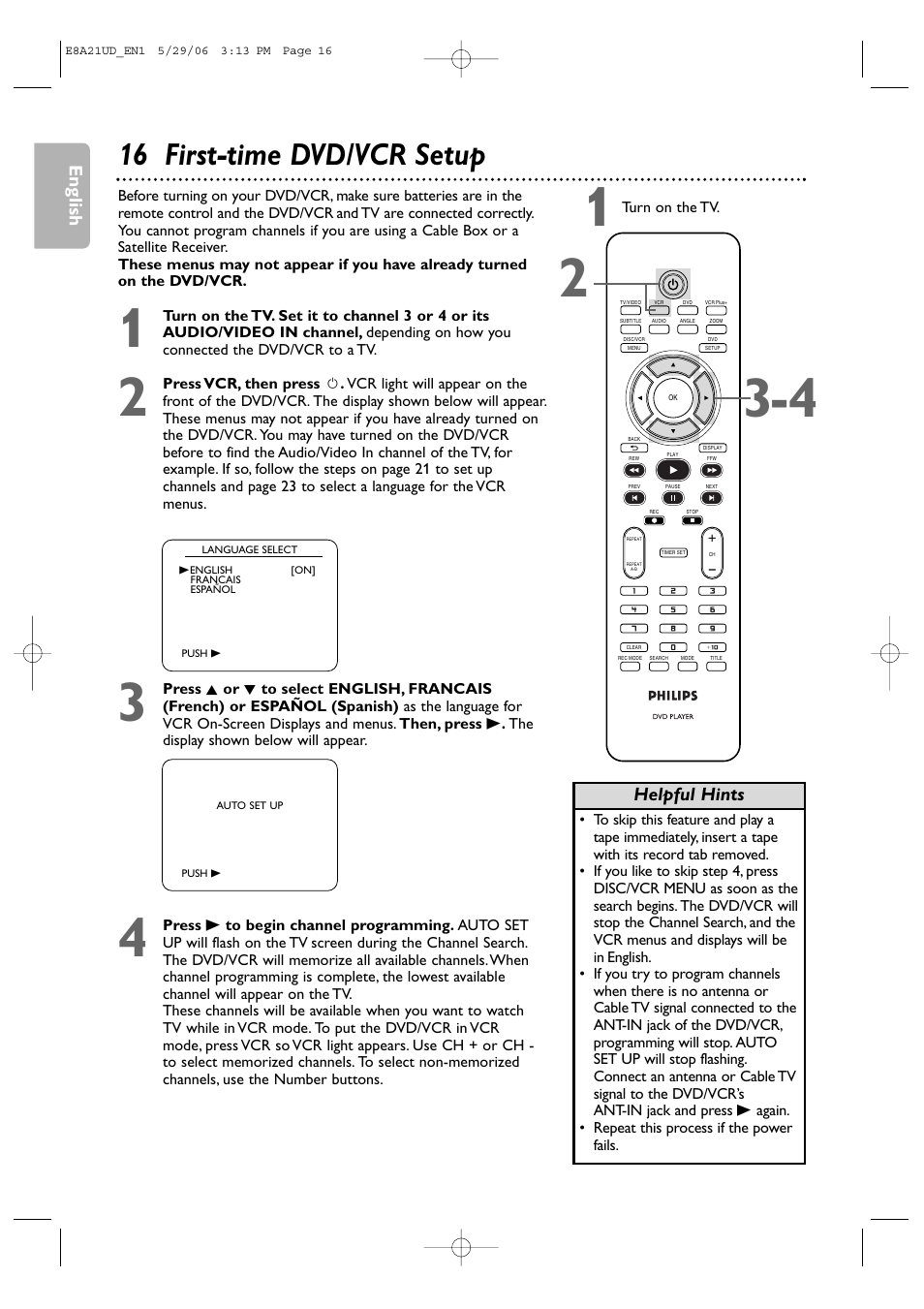 16 first-time dvd/vcr setup, English, Helpful hints | Philips DVP3200V/37B User Manual | Page 16 / 74