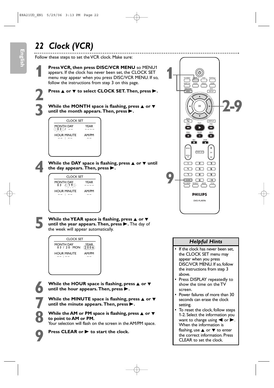 22 clock (vcr) | Philips DVP3200V/37B User Manual | Page 22 / 74