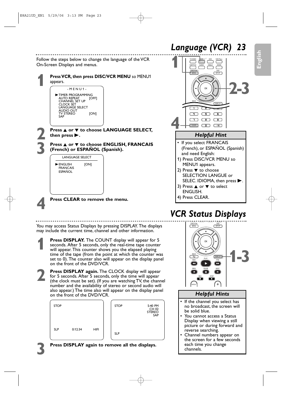 Language (vcr) 23, 23 vcr status displays | Philips DVP3200V/37B User Manual | Page 23 / 74