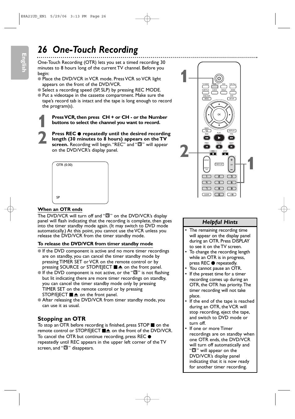 26 one-touch recording, English, Stopping an otr | Helpful hints | Philips DVP3200V/37B User Manual | Page 26 / 74
