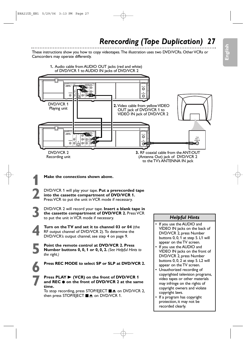Rerecording (tape duplication) 27, English, Helpful hints | Make the connections shown above, Press rec mode to select sp or slp at dvd/vcr 2 | Philips DVP3200V/37B User Manual | Page 27 / 74