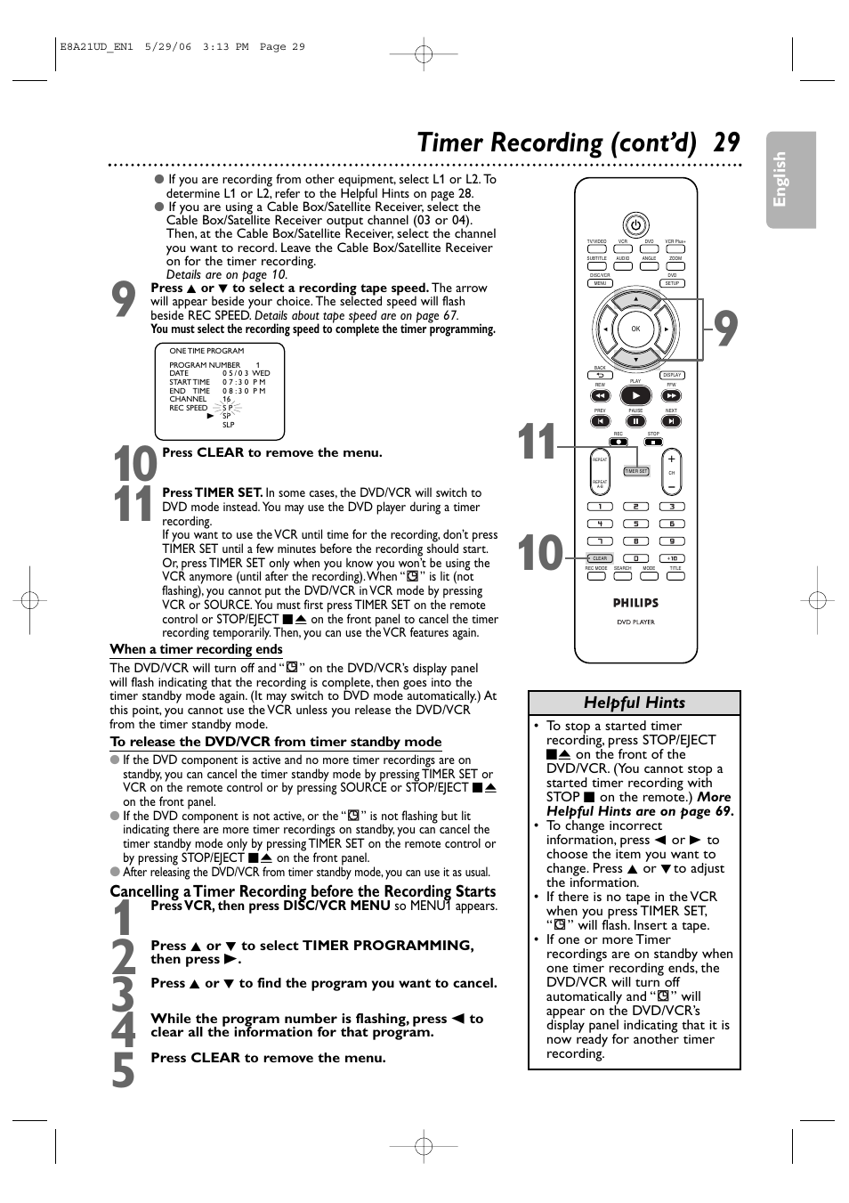 Timer recording (cont’d) 29 | Philips DVP3200V/37B User Manual | Page 29 / 74