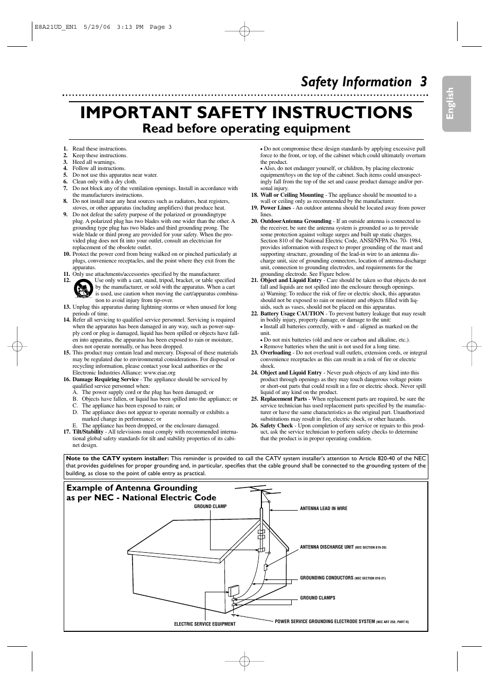 Important safety instructions, Safety information 3, Read before operating equipment | English | Philips DVP3200V/37B User Manual | Page 3 / 74