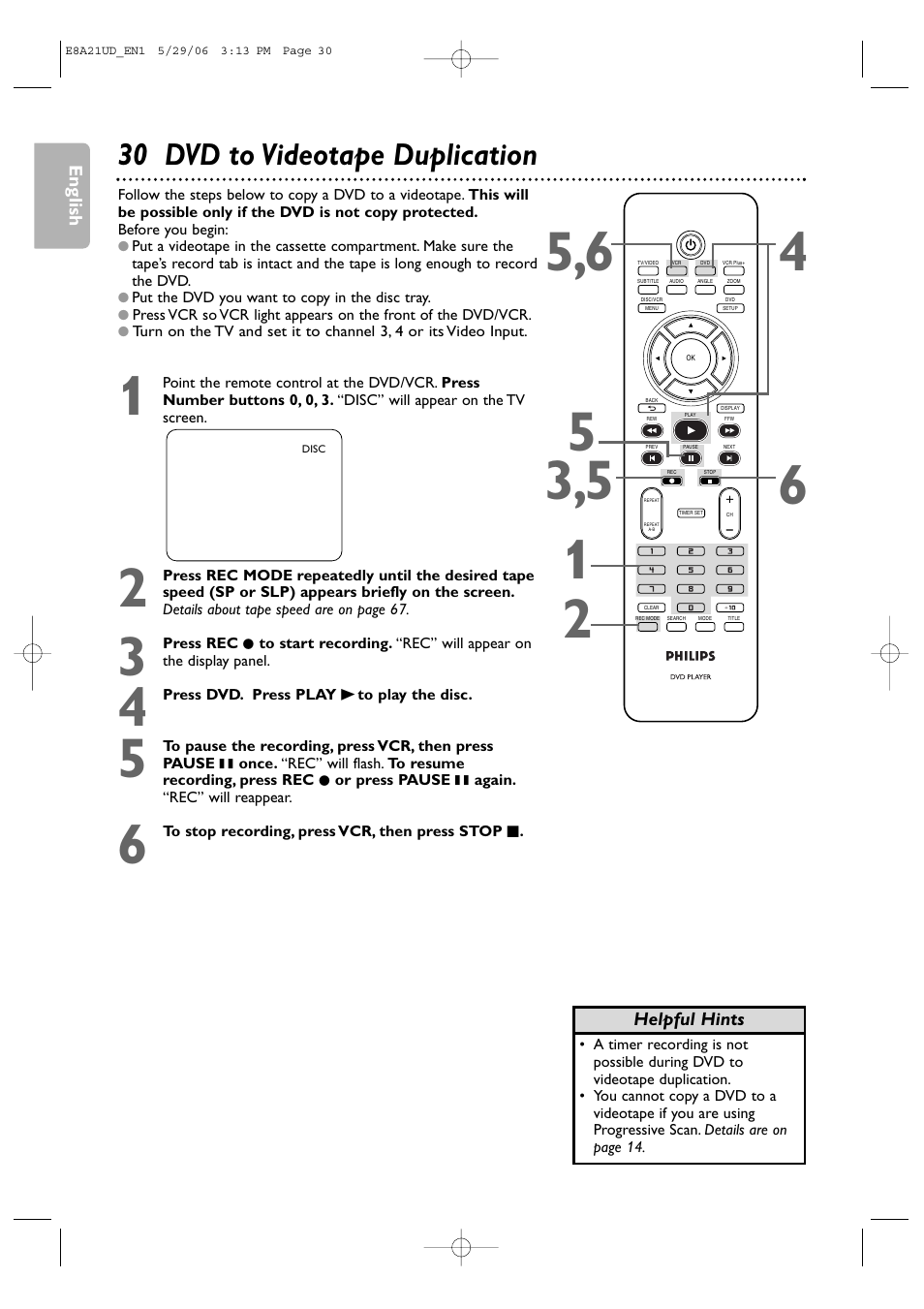 30 dvd to videotape duplication | Philips DVP3200V/37B User Manual | Page 30 / 74