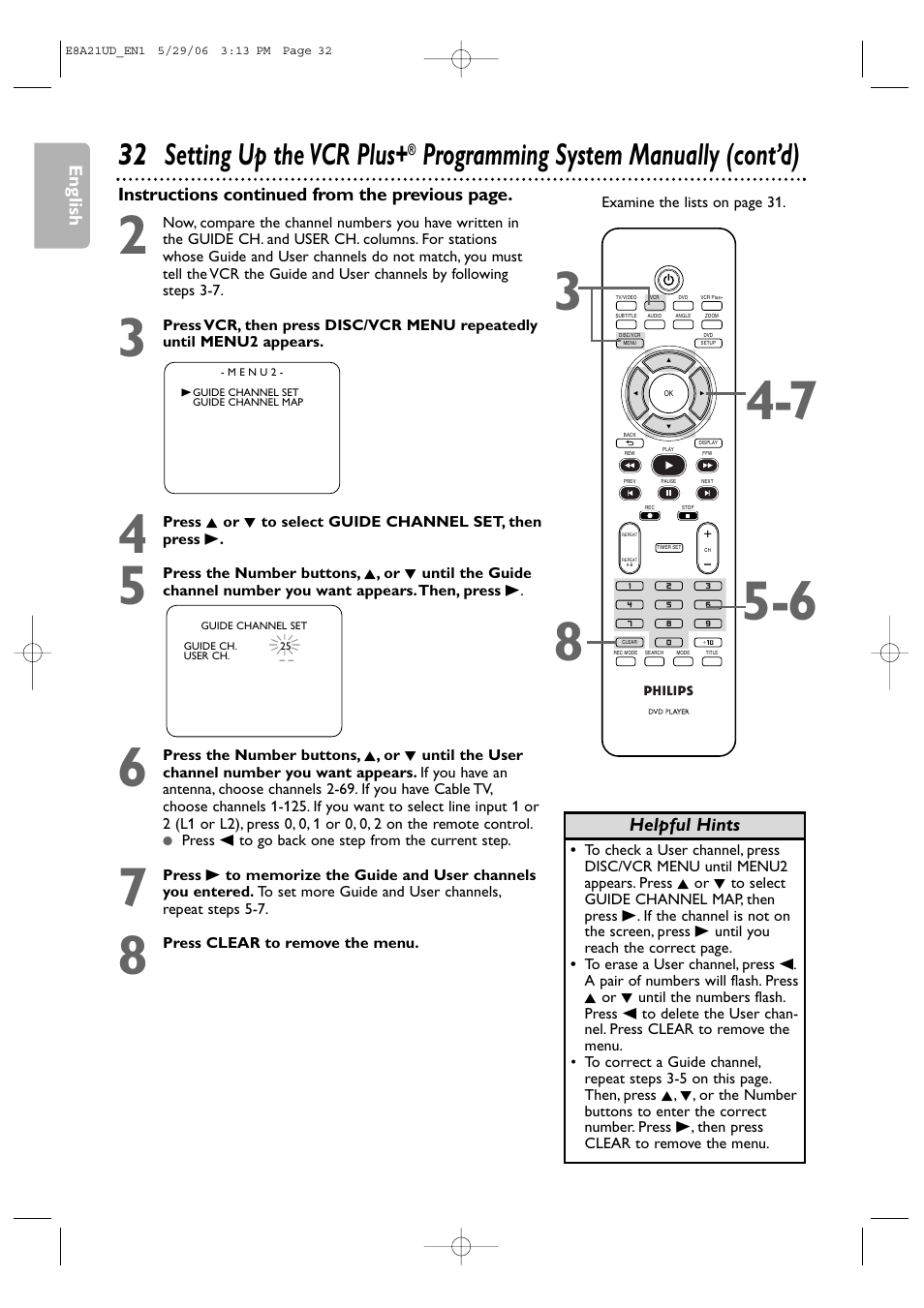 32 setting up the vcr plus, Programming system manually (cont’d) | Philips DVP3200V/37B User Manual | Page 32 / 74