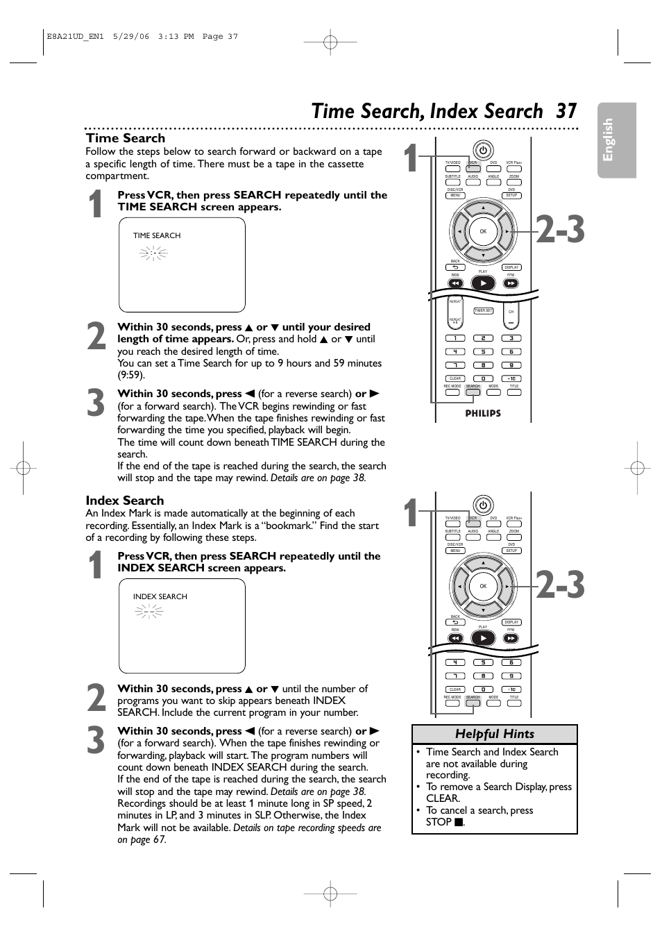Time search, index search 37, English, Time search | Helpful hints index search | Philips DVP3200V/37B User Manual | Page 37 / 74
