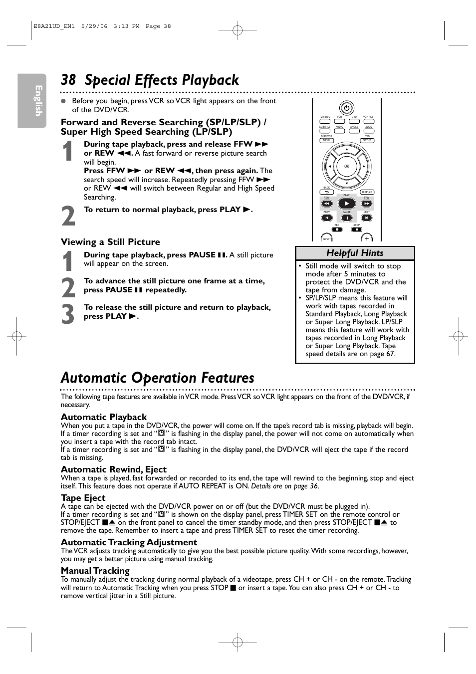 38 special effects playback, Automatic operation features | Philips DVP3200V/37B User Manual | Page 38 / 74