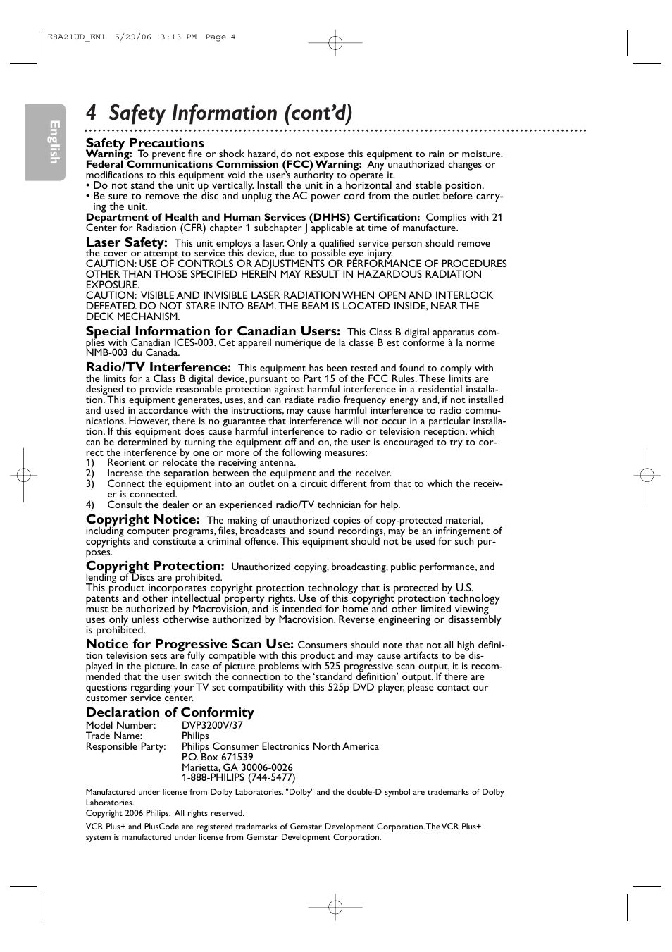 4 safety information (cont’d) | Philips DVP3200V/37B User Manual | Page 4 / 74