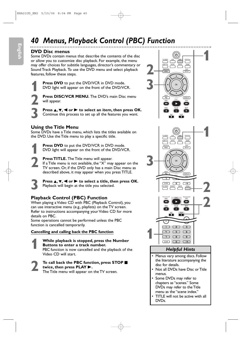 40 menus, playback control (pbc) function | Philips DVP3200V/37B User Manual | Page 40 / 74