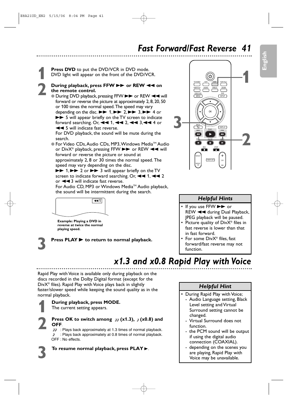 Fast forward/fast reverse 41, X1.3 and x0.8 rapid play with voice | Philips DVP3200V/37B User Manual | Page 41 / 74