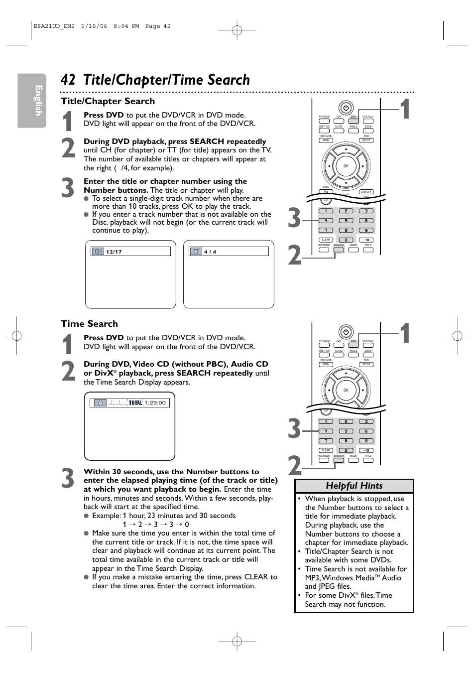 42 title/chapter/time search, English time search, Title/chapter search | Helpful hints | Philips DVP3200V/37B User Manual | Page 42 / 74