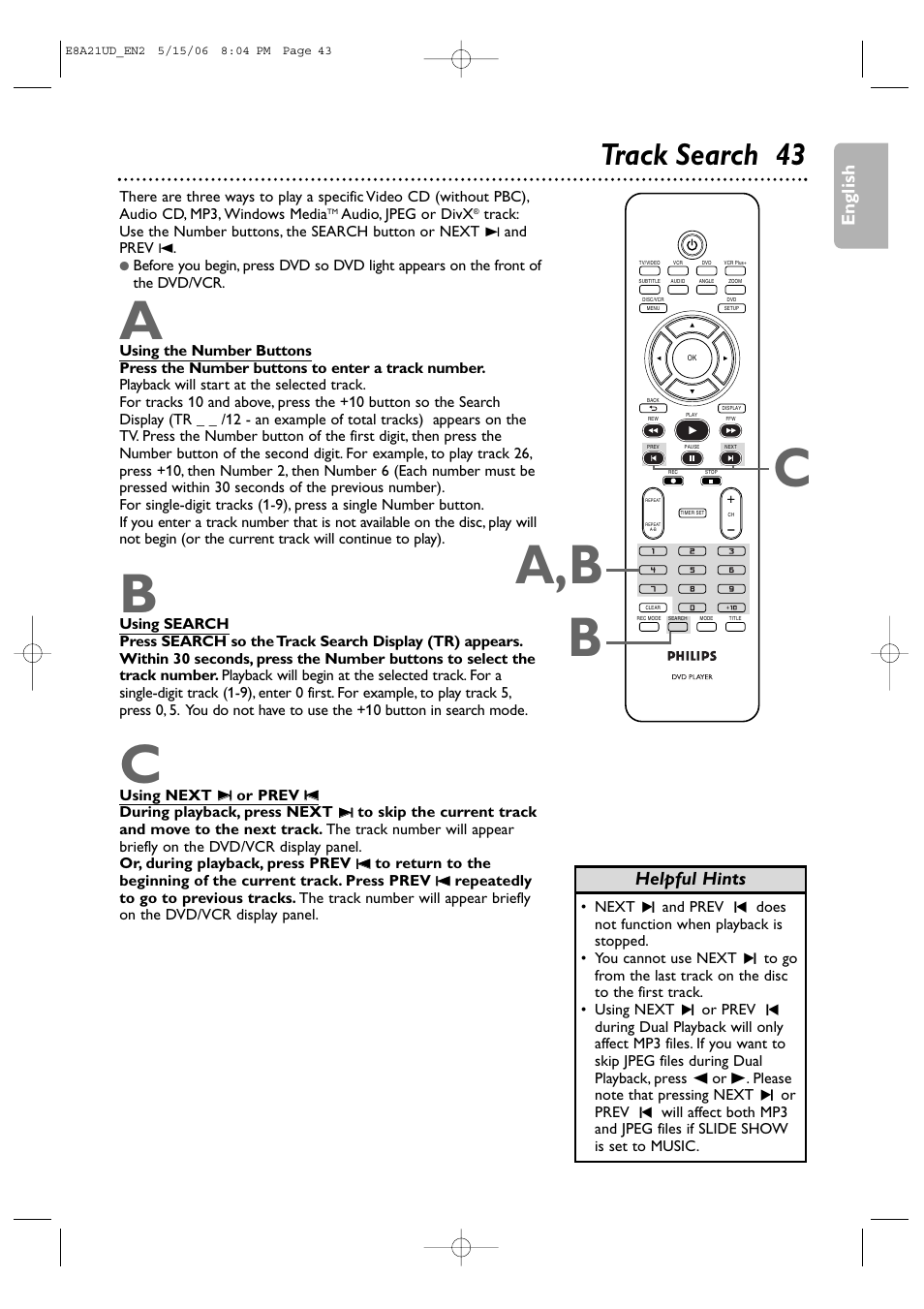A,b b c, Track search 43, English | Helpful hints | Philips DVP3200V/37B User Manual | Page 43 / 74