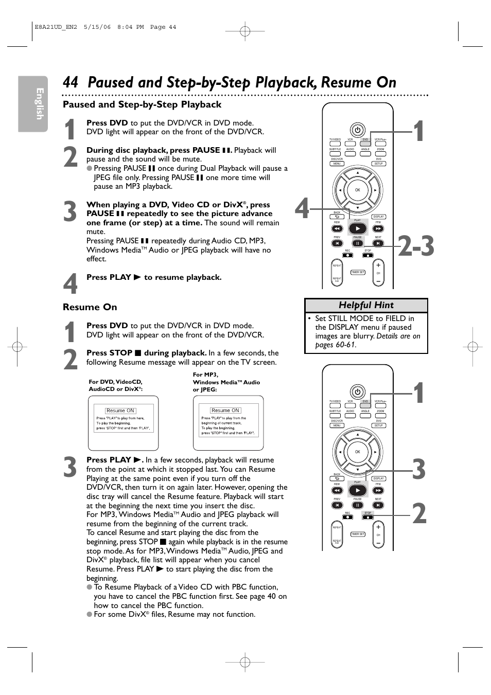 44 paused and step-by-step playback, resume on, English resume on, Paused and step-by-step playback | Helpful hint | Philips DVP3200V/37B User Manual | Page 44 / 74