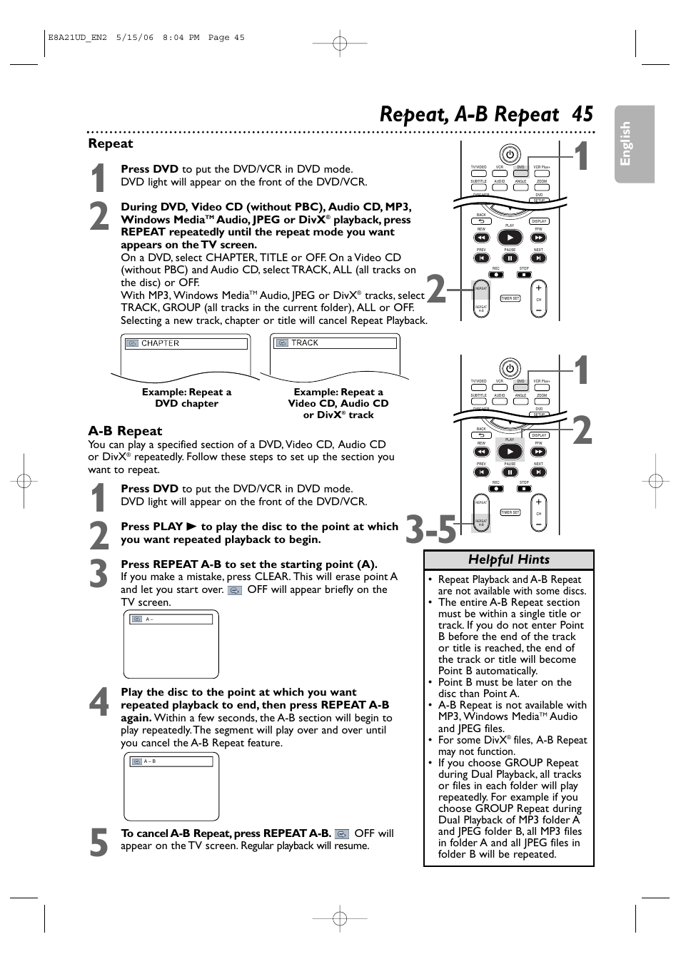 Repeat, a-b repeat 45, English, Helpful hints a-b repeat | Repeat | Philips DVP3200V/37B User Manual | Page 45 / 74