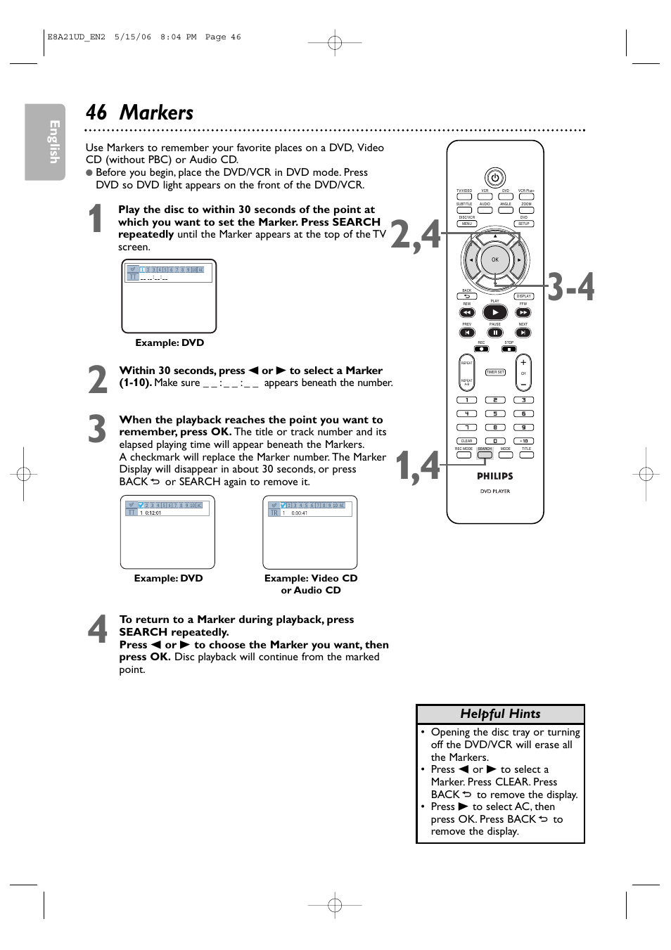 46 markers, English, Helpful hints | Philips DVP3200V/37B User Manual | Page 46 / 74