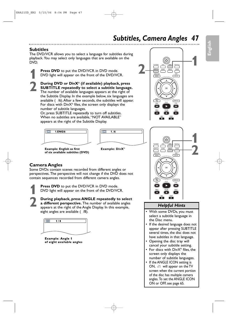 Subtitles, camera angles 47, English, Subtitles | Camera angles, Helpful hints | Philips DVP3200V/37B User Manual | Page 47 / 74