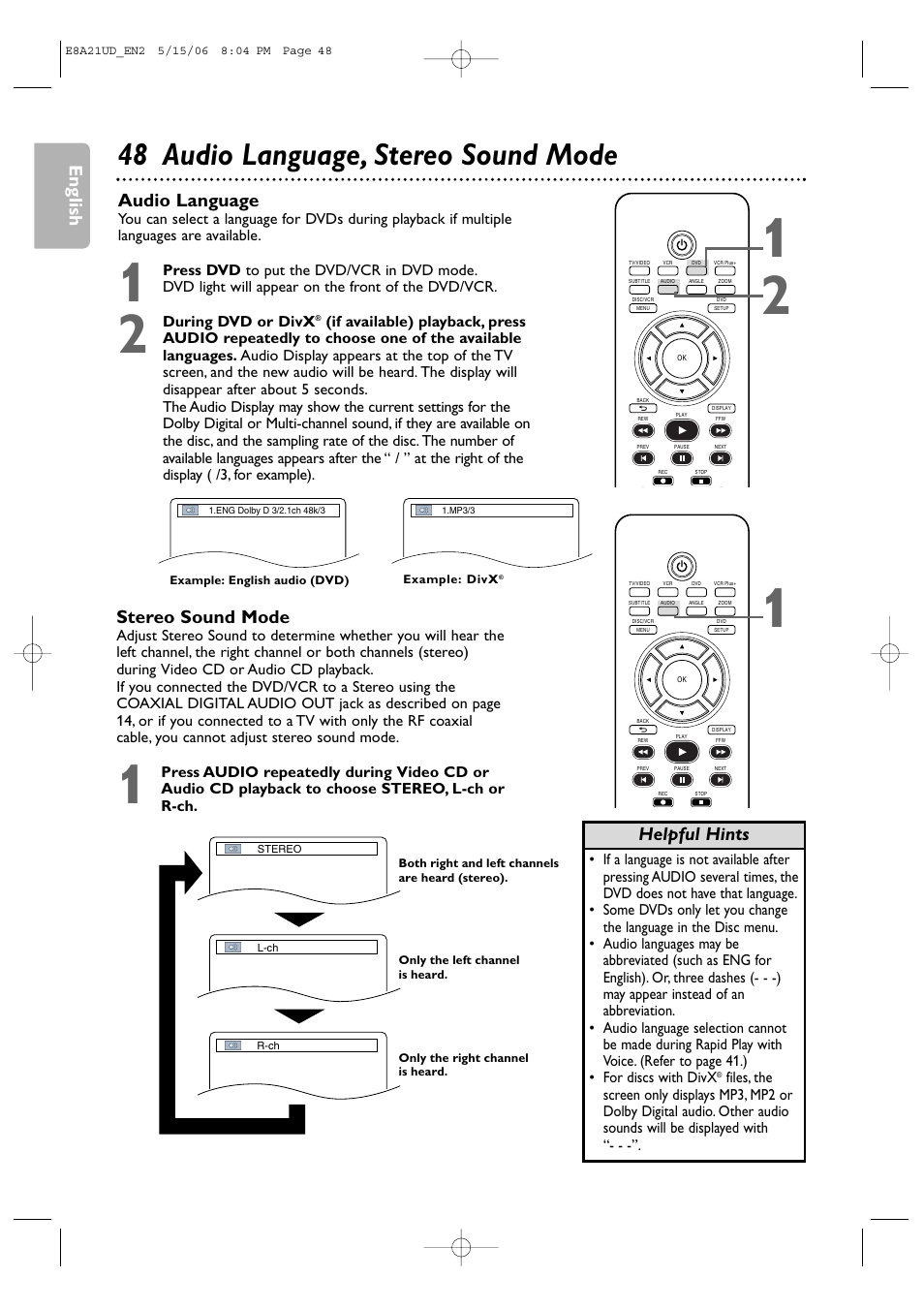 48 audio language, stereo sound mode, English, Audio language | Helpful hints stereo sound mode, During dvd or divx | Philips DVP3200V/37B User Manual | Page 48 / 74