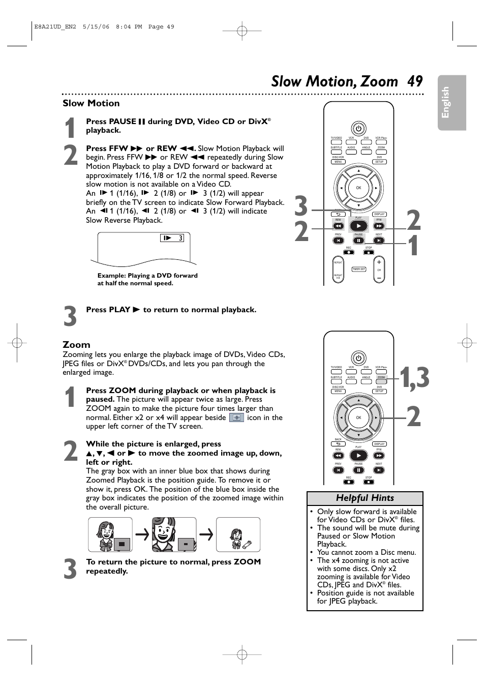 Slow motion, zoom 49, English, Slow motion | Zoom, Helpful hints | Philips DVP3200V/37B User Manual | Page 49 / 74
