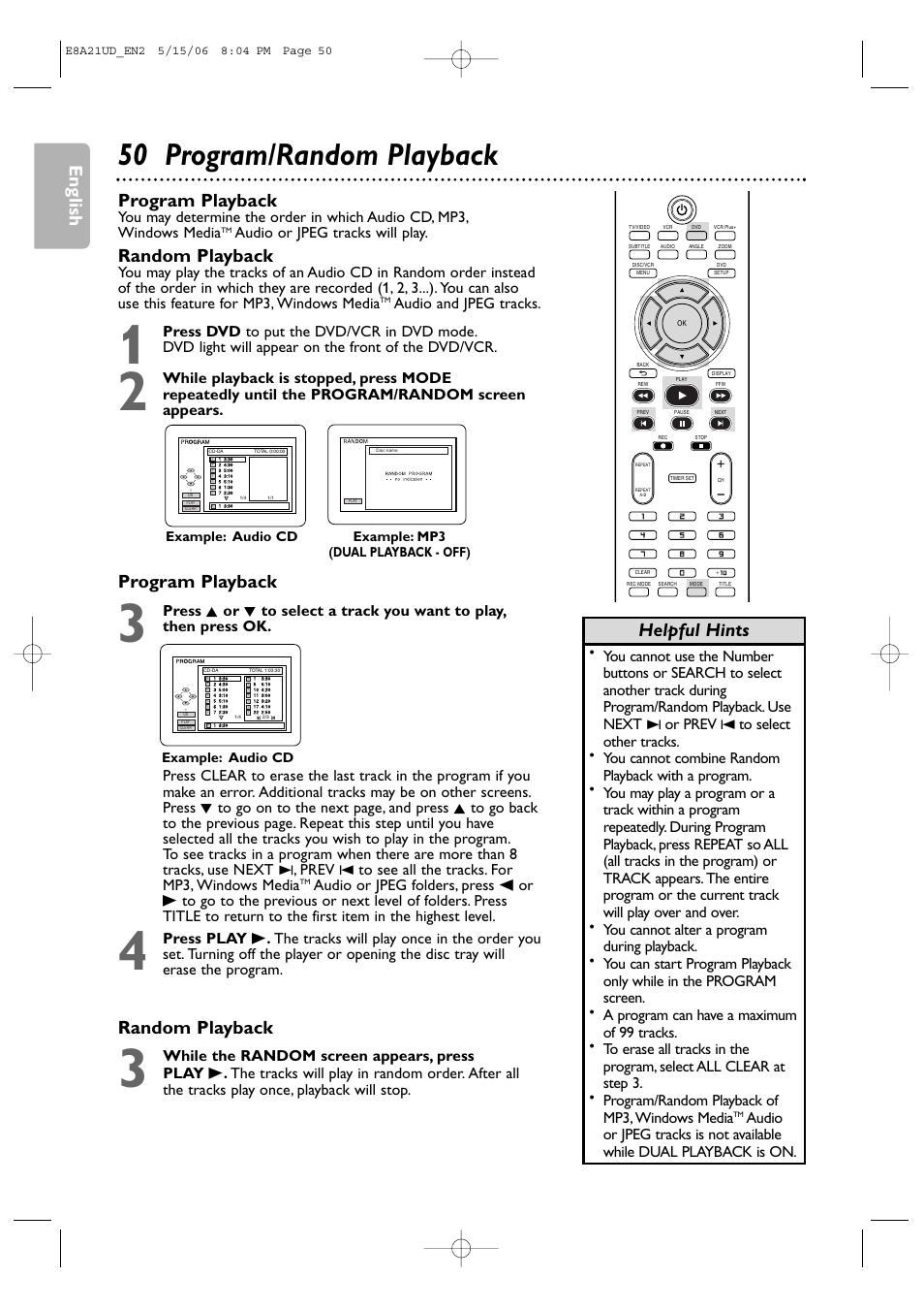 50 program/random playback, English, Program playback | Random playback, Helpful hints, Program playback random playback, Audio or jpeg tracks will play, Audio and jpeg tracks | Philips DVP3200V/37B User Manual | Page 50 / 74