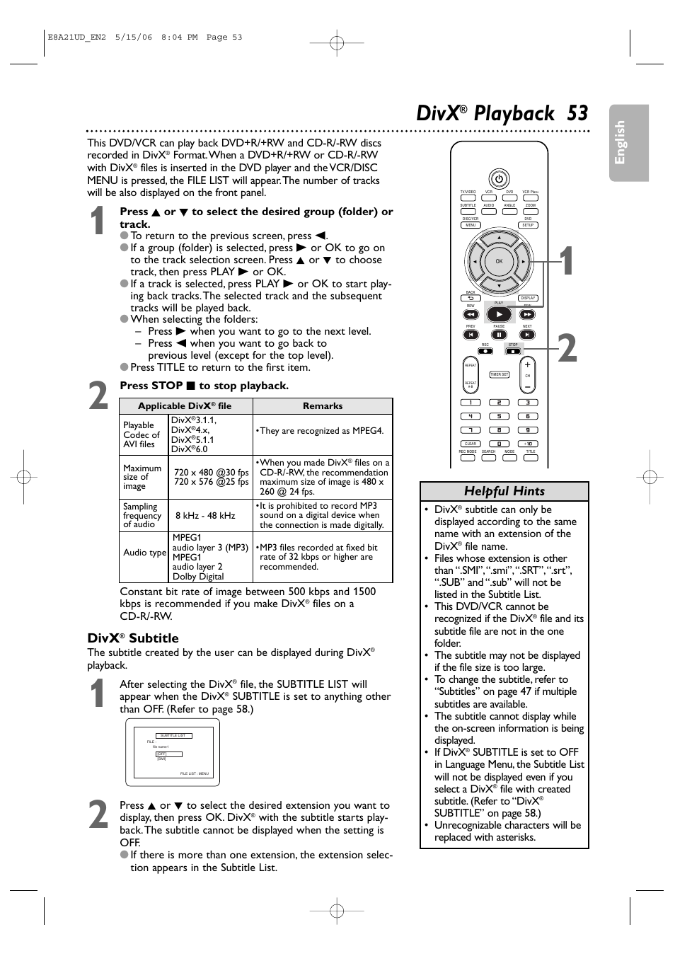 Divx, Playback 53, English | Helpful hints, Subtitle | Philips DVP3200V/37B User Manual | Page 53 / 74