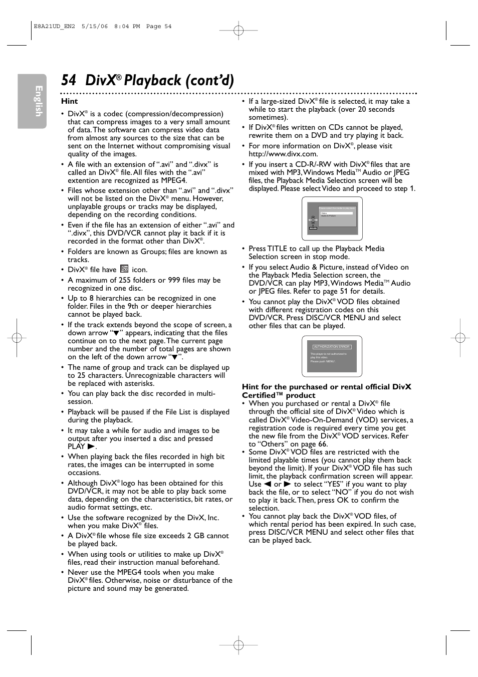 54 divx, Playback (cont’d), English | Philips DVP3200V/37B User Manual | Page 54 / 74