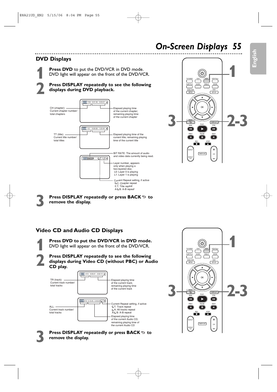On-screen displays 55, English video cd and audio cd displays, Dvd displays | Philips DVP3200V/37B User Manual | Page 55 / 74