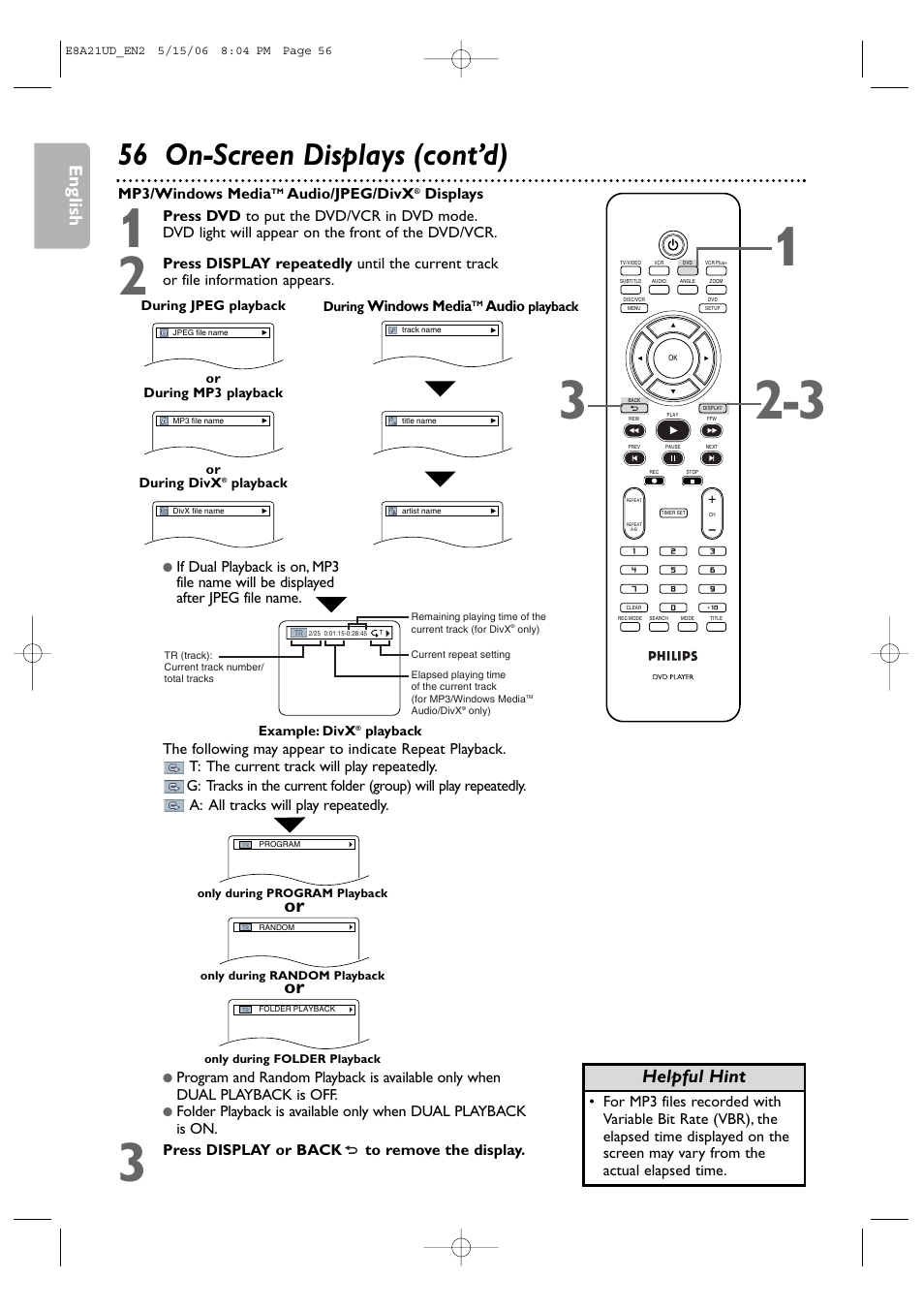 56 on-screen displays (cont’d), English, Helpful hint | Philips DVP3200V/37B User Manual | Page 56 / 74