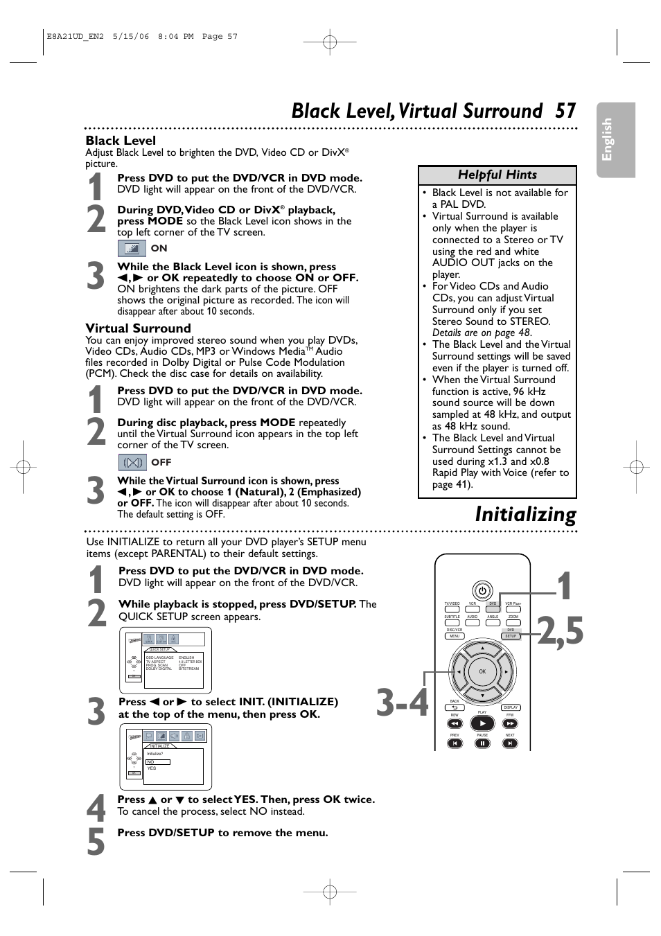Black level, virtual surround 57 initializing | Philips DVP3200V/37B User Manual | Page 57 / 74