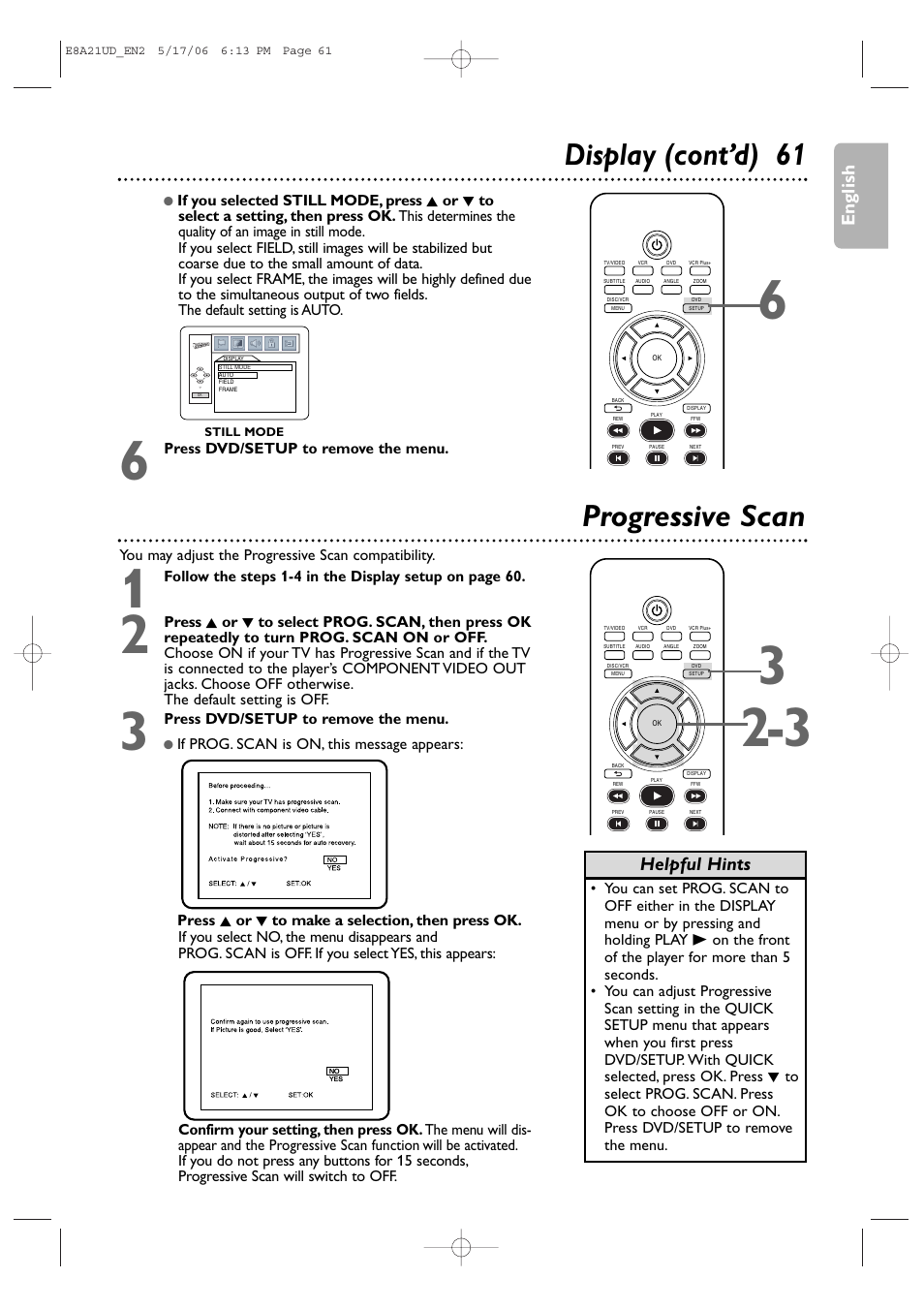 Display (cont’d) 6 1 progressive scan, English, Helpful hints | Philips DVP3200V/37B User Manual | Page 61 / 74