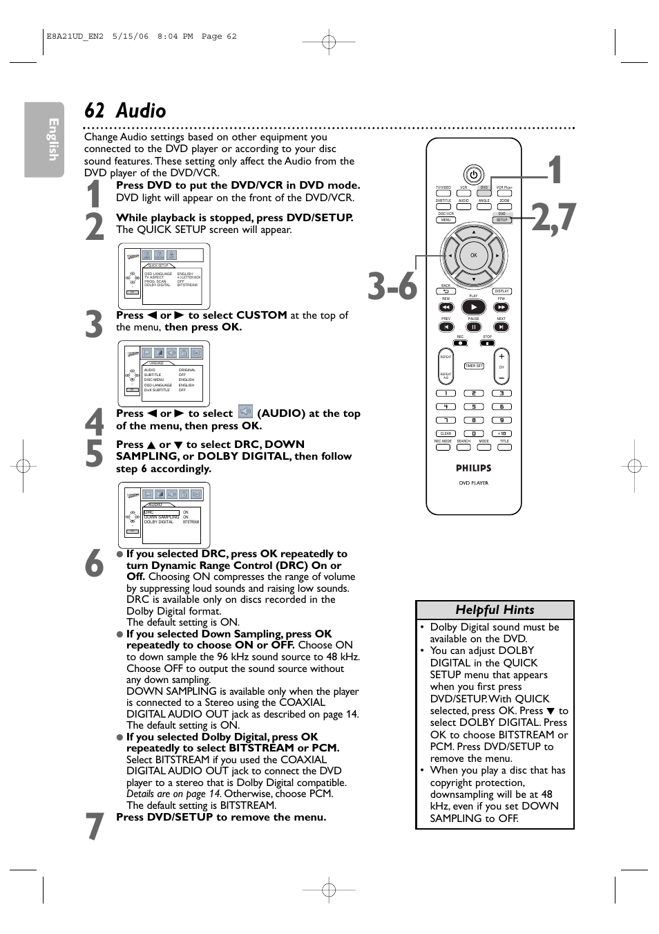 62 audio, English, Helpful hints | Philips DVP3200V/37B User Manual | Page 62 / 74