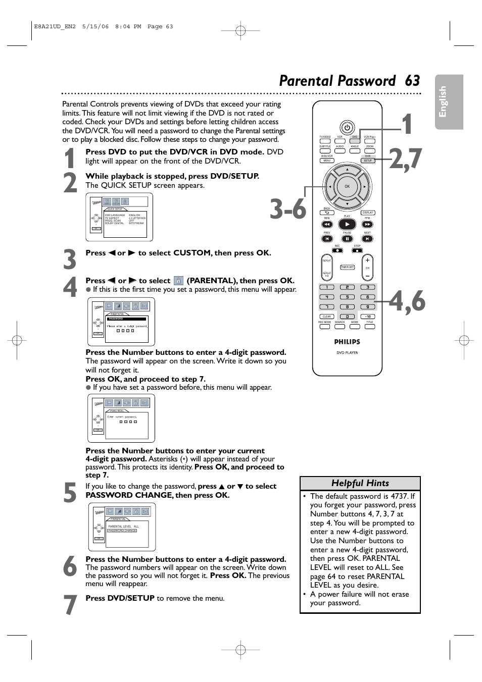 Parental password 63, English, Helpful hints | Philips DVP3200V/37B User Manual | Page 63 / 74