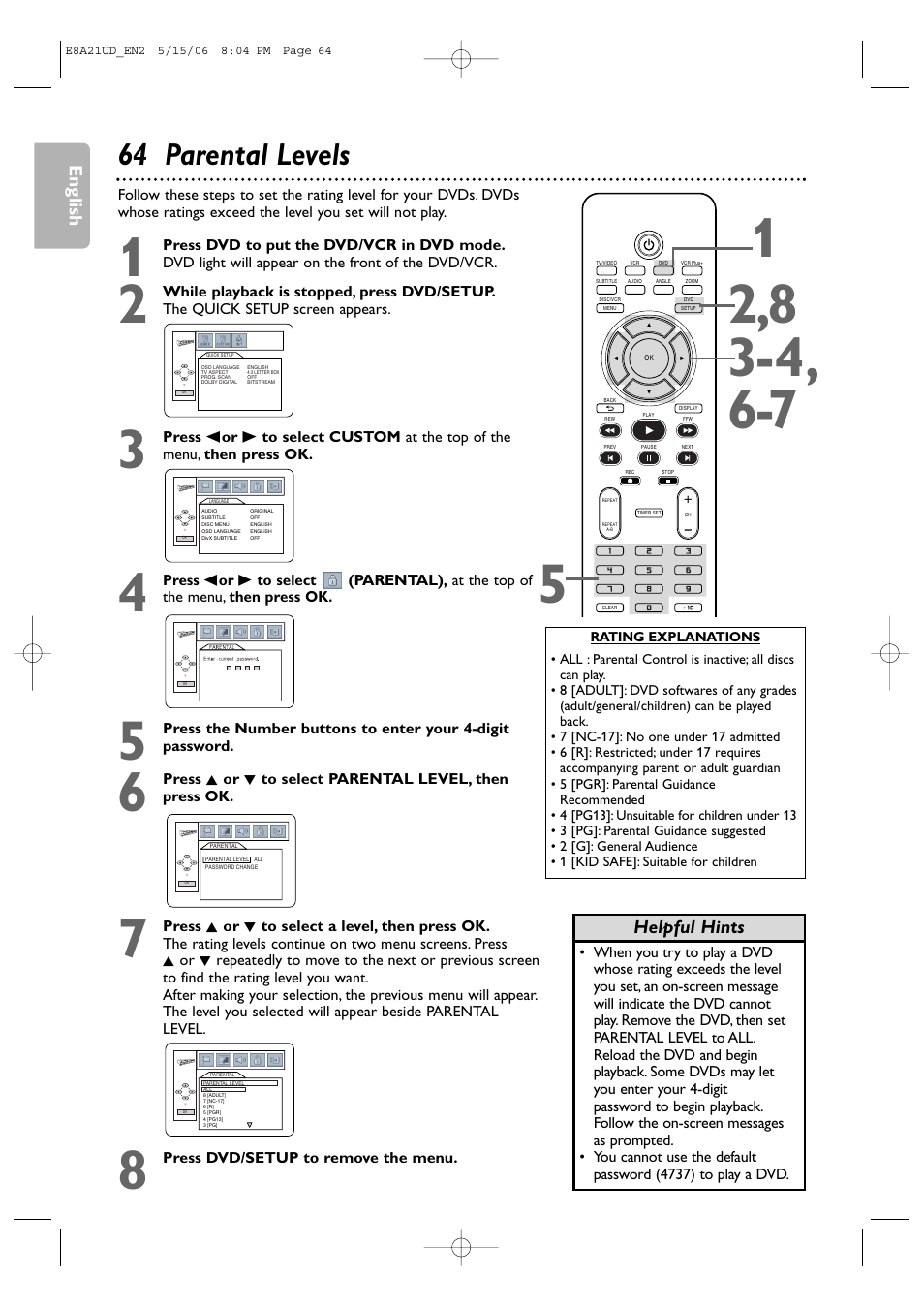 64 parental levels, English, Helpful hints | Philips DVP3200V/37B User Manual | Page 64 / 74