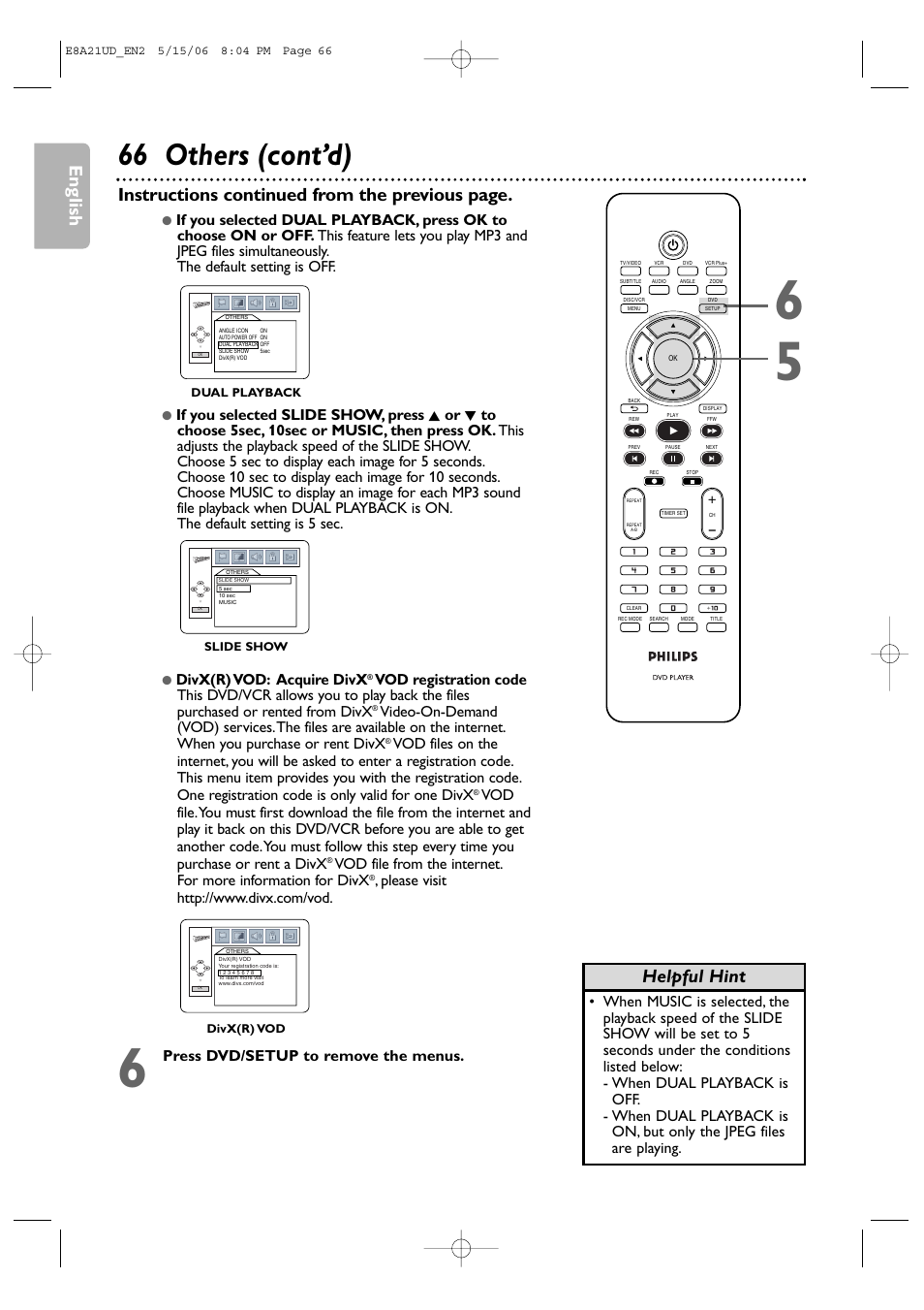 66 others (cont’d), English, Helpful hint | Instructions continued from the previous page, Divx(r) vod: acquire divx | Philips DVP3200V/37B User Manual | Page 66 / 74