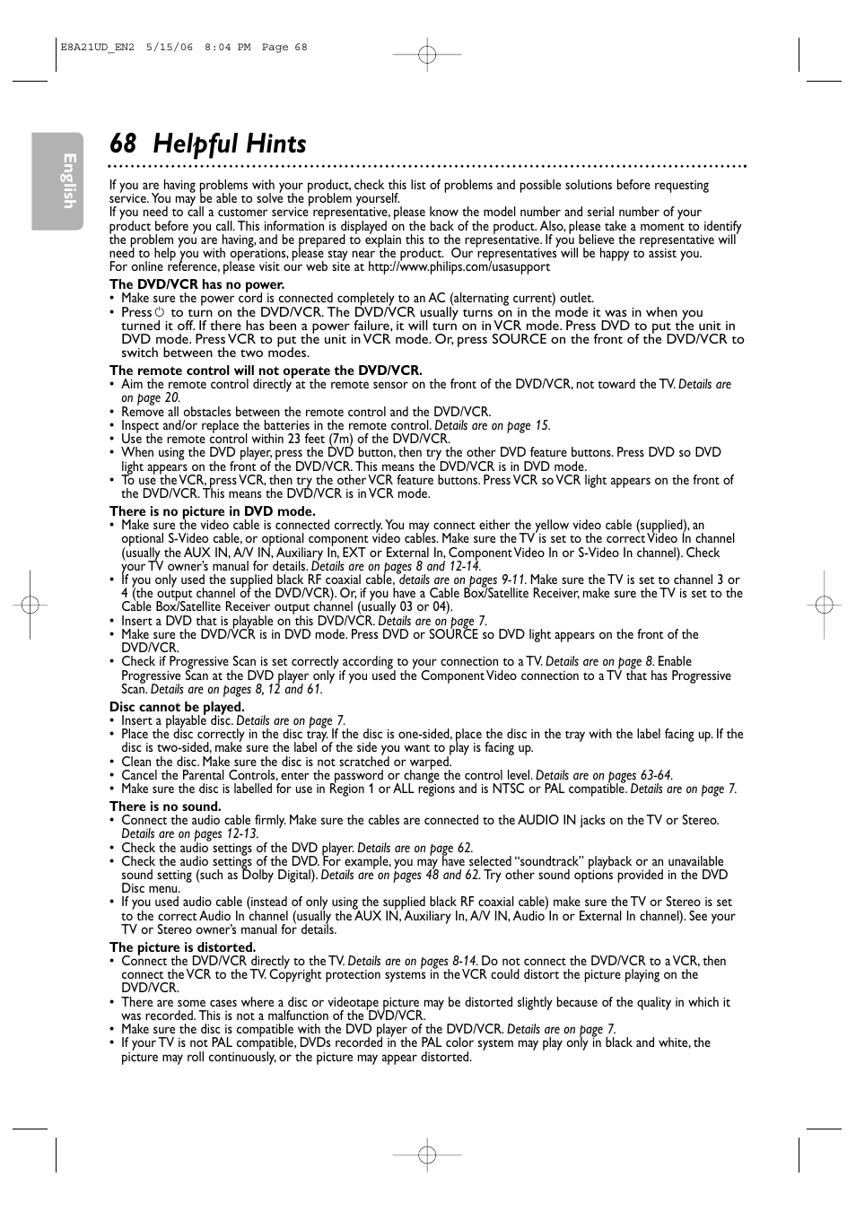 68 helpful hints | Philips DVP3200V/37B User Manual | Page 68 / 74