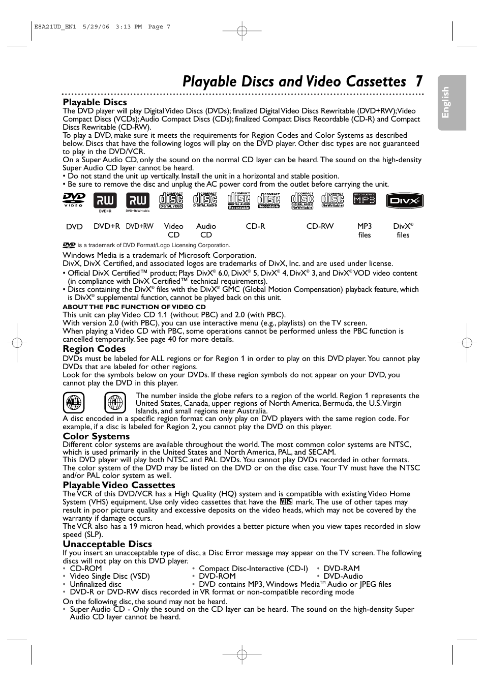 Playable discs and video cassettes 7, English, Playable discs | Region codes, Color systems, Playable video cassettes, Unacceptable discs | Philips DVP3200V/37B User Manual | Page 7 / 74