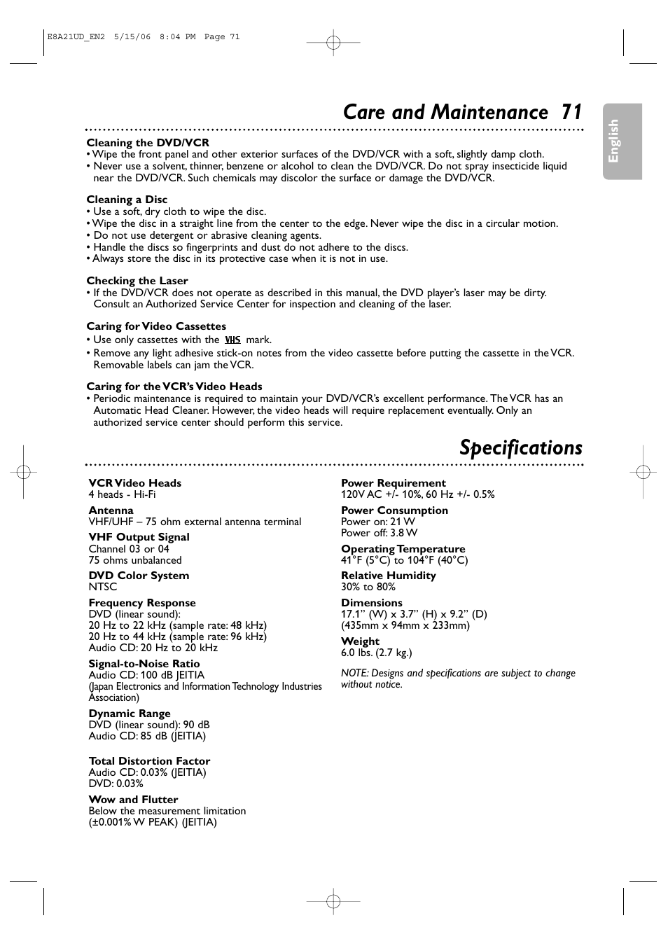Care and maintenance 71, Specifications | Philips DVP3200V/37B User Manual | Page 71 / 74