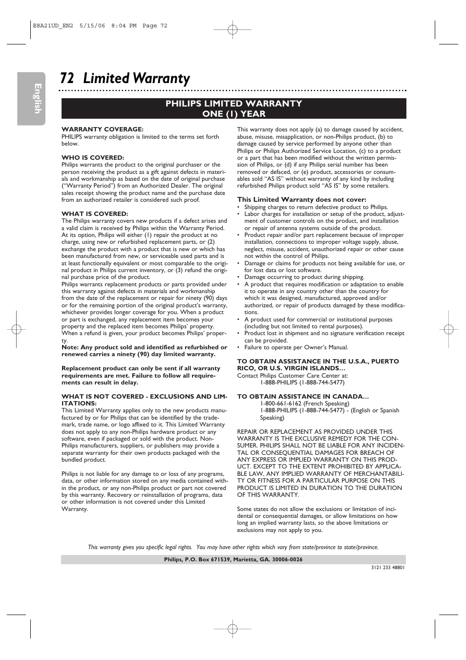 72 limited warranty, English, Philips limited warranty one (1) year | Philips DVP3200V/37B User Manual | Page 72 / 74