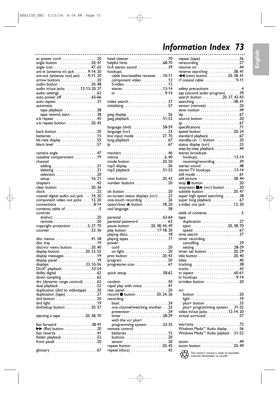 Information index 73, English | Philips DVP3200V/37B User Manual | Page 73 / 74